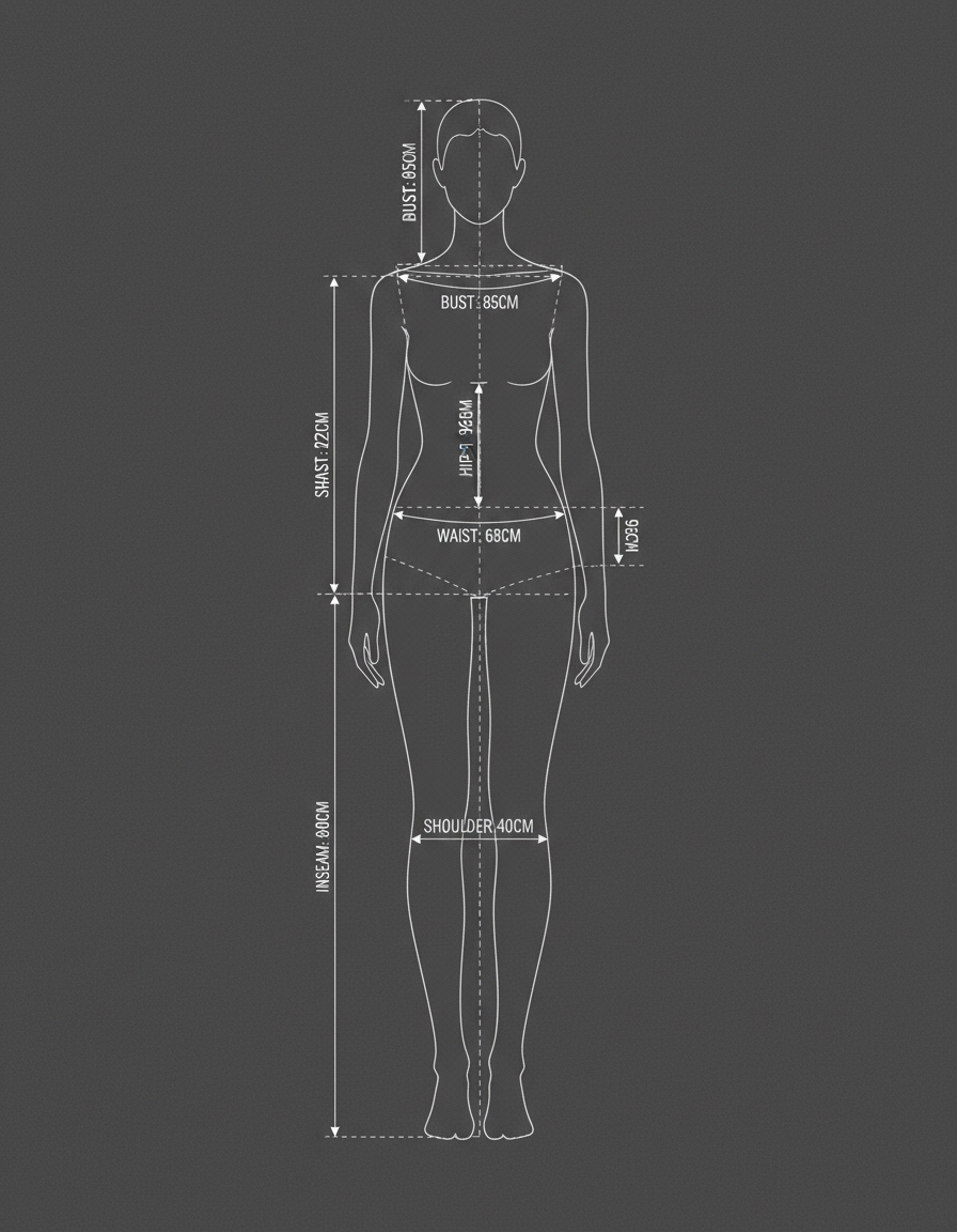 Technical figure marked with chest, waist, length and shoulder measurement points