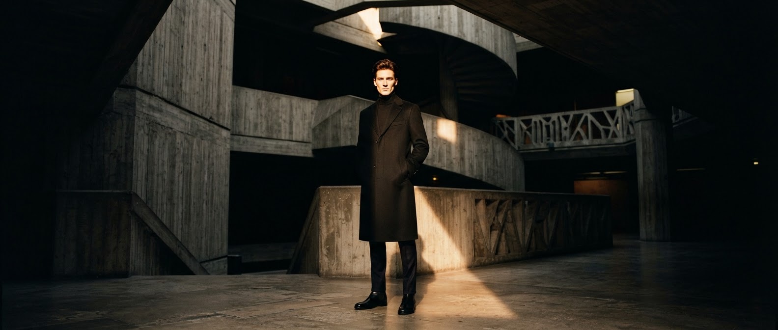 Model in tailored overcoat within brutalist architecture
